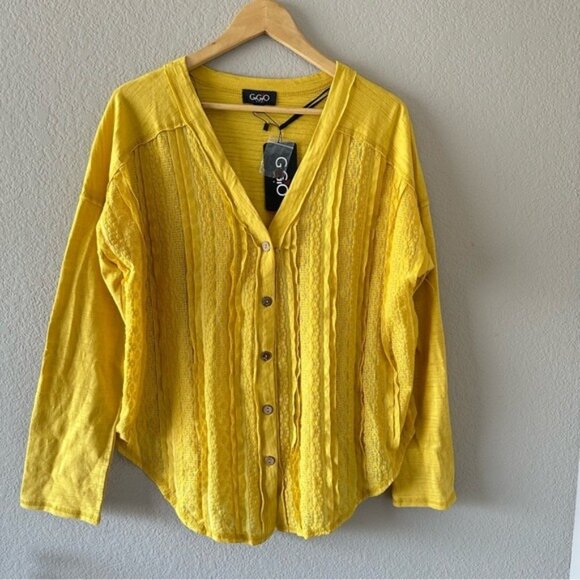Gigio Yellow Button-Up Top M NWT Embroidered Mesh Boho Cottagecore Chic - Picture 2 of 12